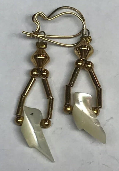 Vintage Gold Toned Mother Of Pearl Bird Drop Dangle Bead Earrings