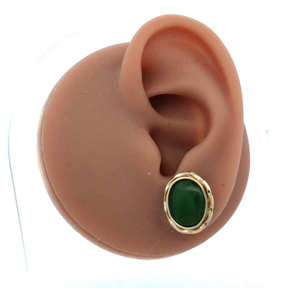 Estate 14K Yellow Gold Oval Green Jade Cabochon Ribbed Bezel Stud Earrings