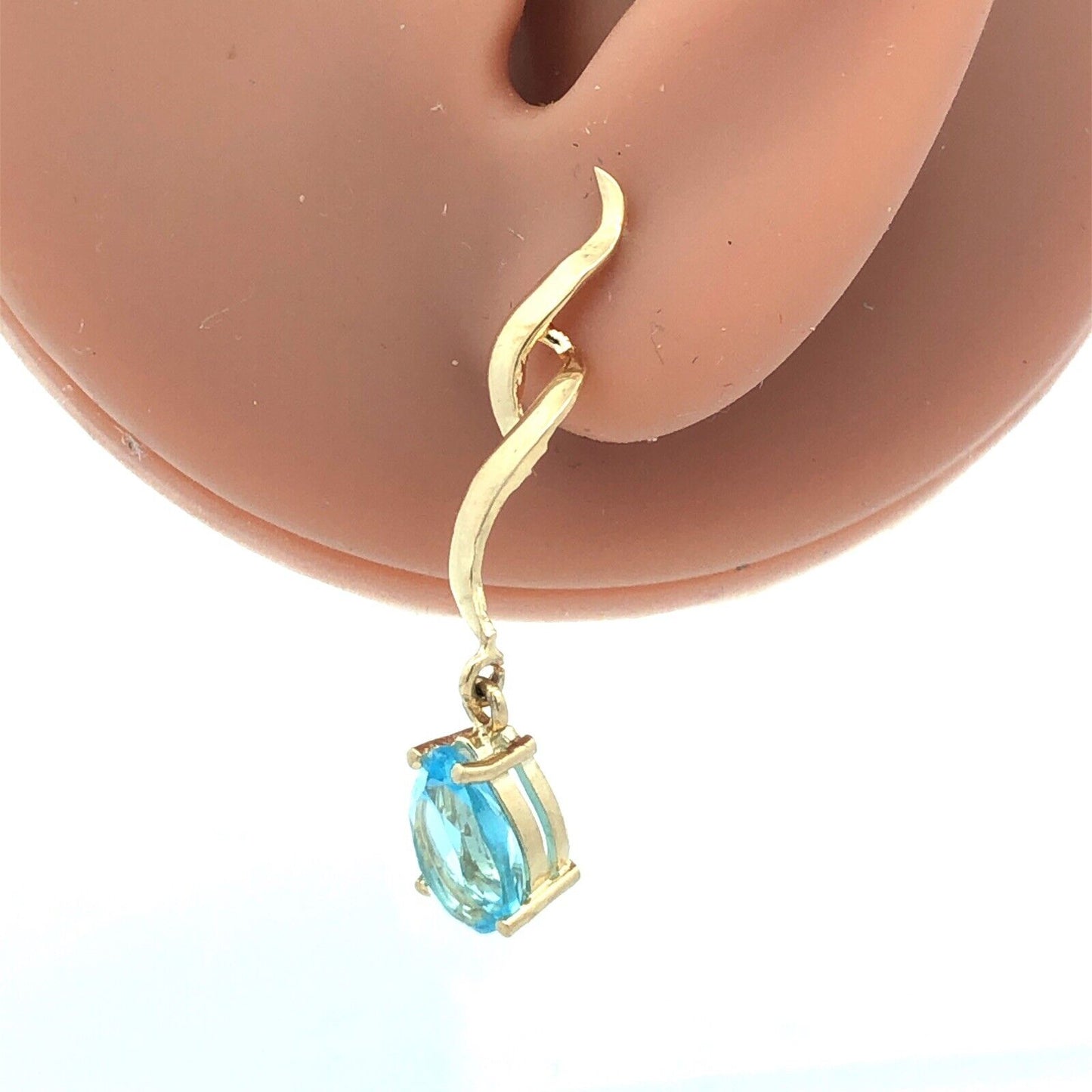 Designer ATL 14K Yellow Gold Pear Cut Blue Topaz Modernist Dangle Stud Earrings