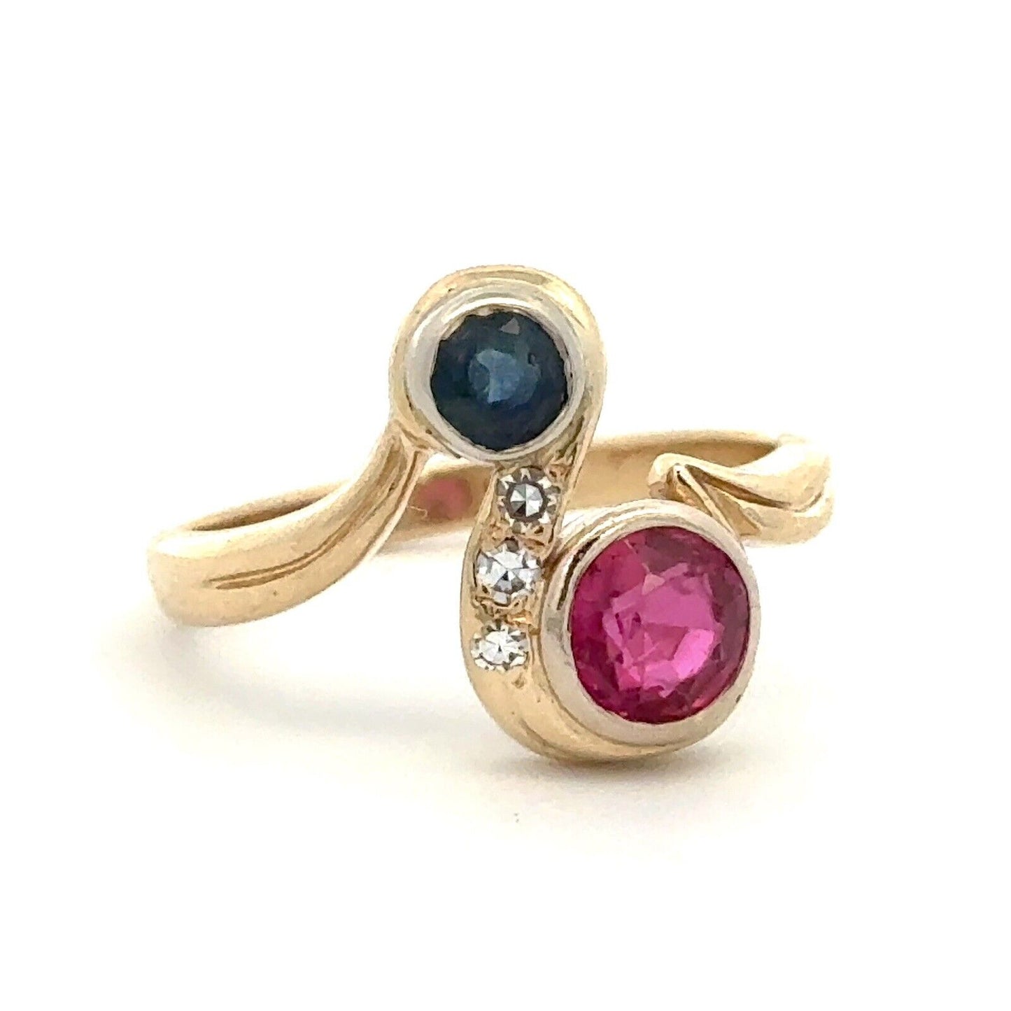 Vintage Custom 14K Yellow Gold Round Blue Sapphire Ruby Diamond Bypass Ring