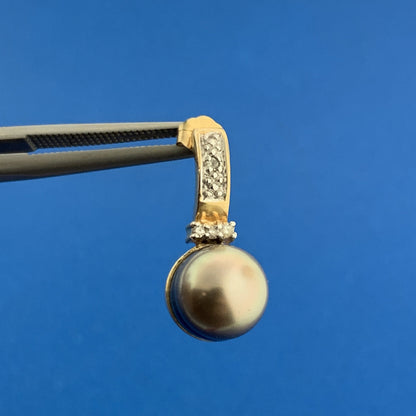 Designer 14k Yellow Gold Gray Pearl Round Diamond Accent Drop Stud Earrings