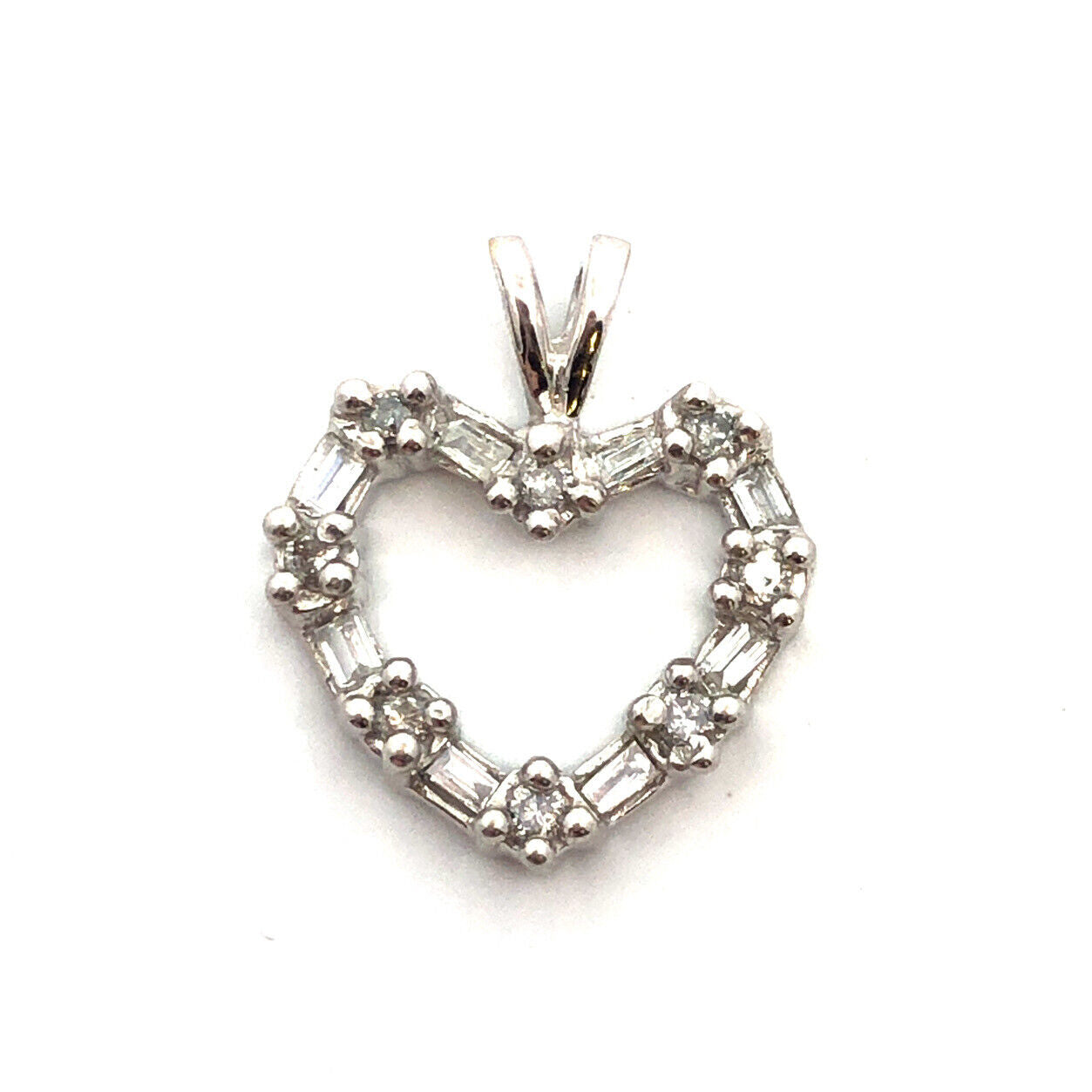 14K White Gold Round Baguette Diamond Heart Shape Valentines Love Pendant