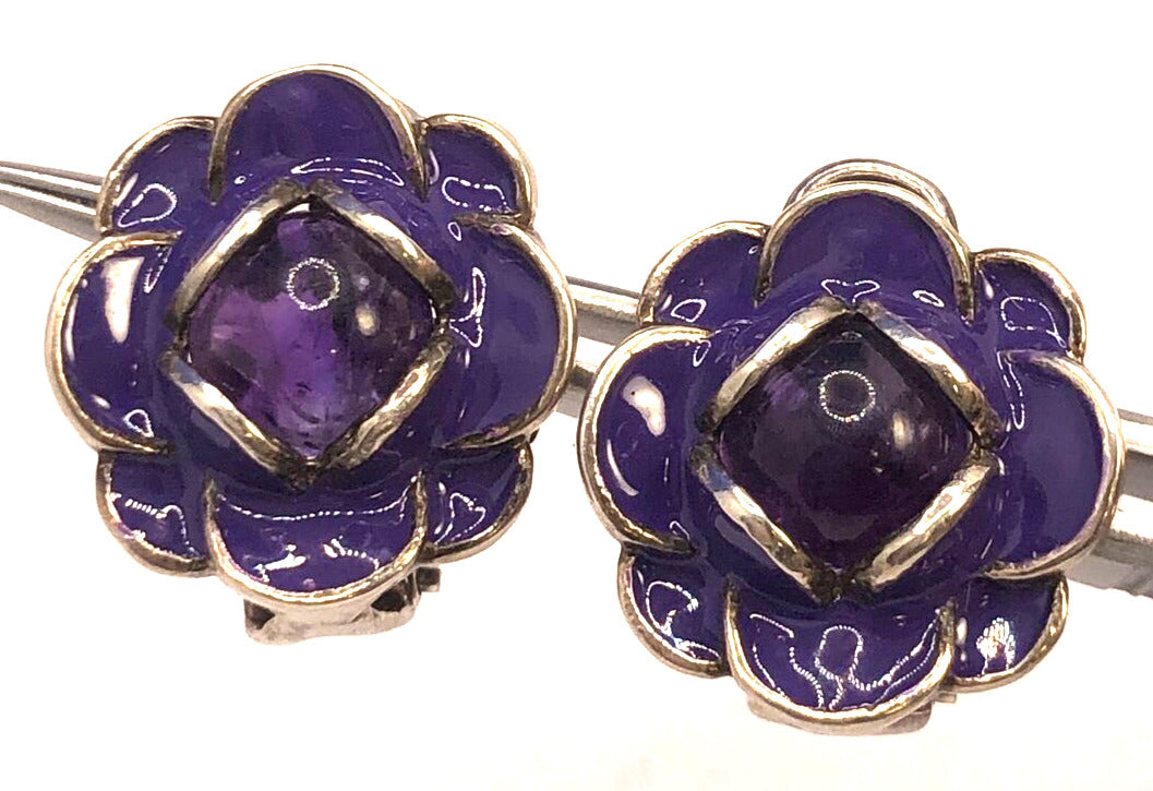 Designer MG 925 Sterling Silver Amethyst Purple Enamel Flower Stud Earrings