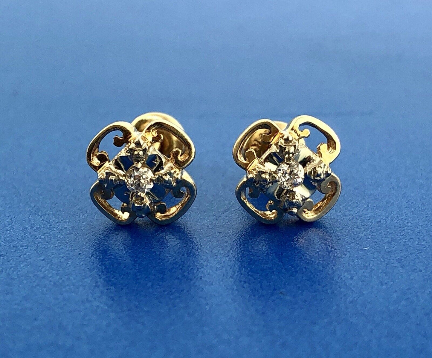 Art Deco 14K Yellow White Gold Diamond Quatrefoil Screw Back Stud Earrings