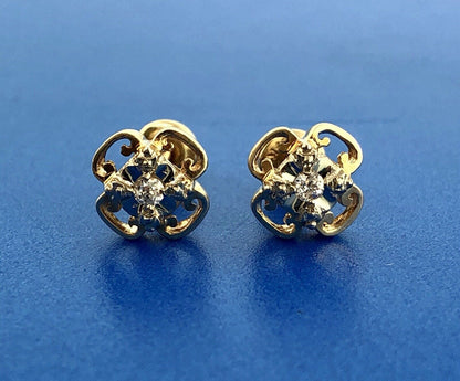 Art Deco 14K Yellow White Gold Diamond Quatrefoil Screw Back Stud Earrings