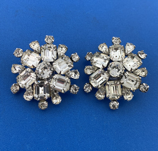 Retro Weiss Austrian Crystal Rhinestone Snowflake Starburst Clip On Earrings