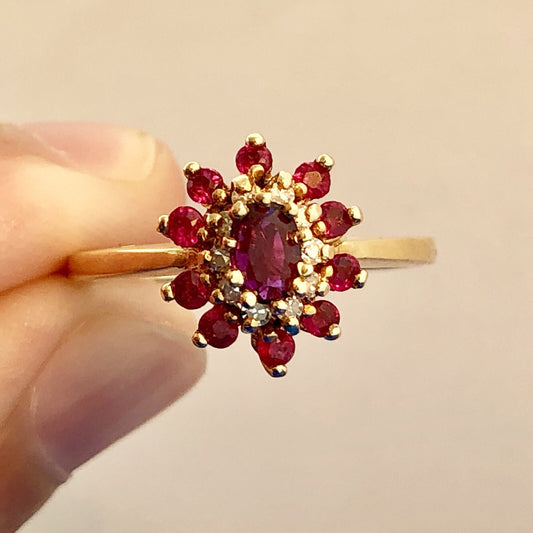 Designer 14K Yellow Gold Ruby Diamond 3 Tier Cluster Engagement Cocktail Ring