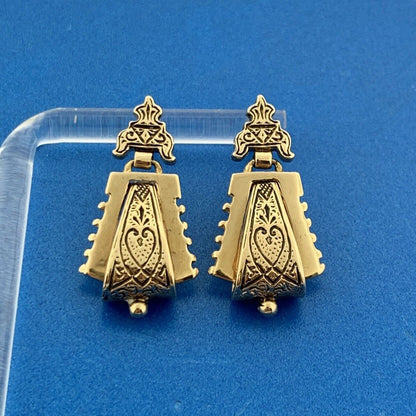 Victorian Etruscan Revival 14K Yellow Gold Black Enamel Doorknocker Earrings