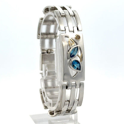 Unisex 18K Yellow Gold Sterling Silver Blue Topaz Diamond Modernist Bracelet