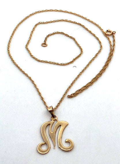 Designer 14K Yellow Gold Script M Initial Monogram Letter ID Pendant Necklace