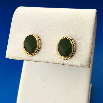 Retro 14K Yellow Gold Oval Jade Jadeite Cabochon Stud Earrings
