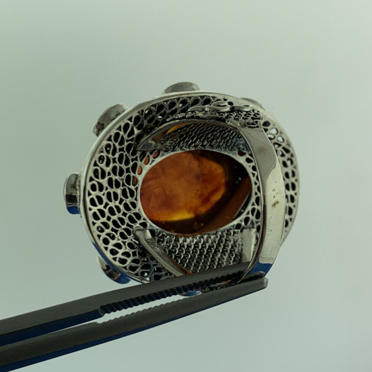 Designer 925 Sterling Silver Amber Cabochon Amethyst Accented Statement Ring