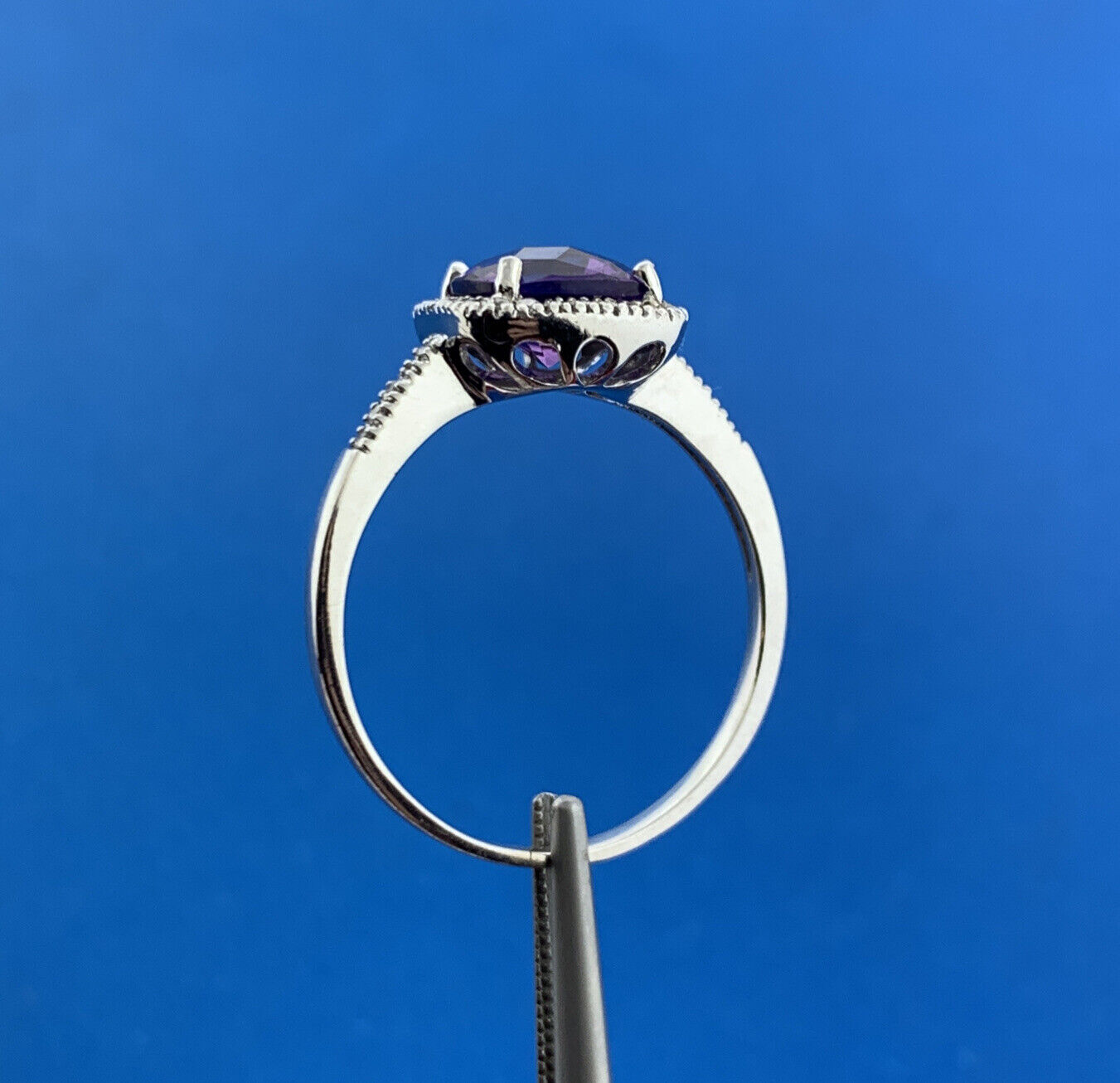 Designer 14K White Gold Cushion Cut Amethyst Diamomd Halo Accented Ring