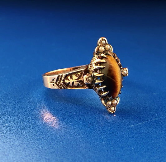 Art Deco Art Nouveau 10K Rose Gold Tigers Eye Seed Pearl Cocktail Ring