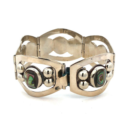 Vintage Taxco 925 Sterling Silver Oval Abalone Cabochon Statement Panel Bracelet