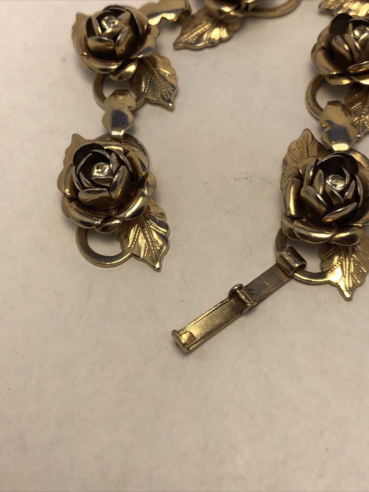 Vintage Gold-Tone Rhinestone Rose Flower Station Statement Bracelet