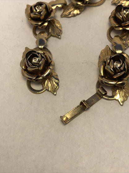Vintage Gold-Tone Rhinestone Rose Flower Station Statement Bracelet