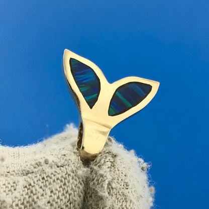 Designer AJM 14k Yellow Gold Blue Black Opal Aquatic Dolphin Tail Charm Pendant