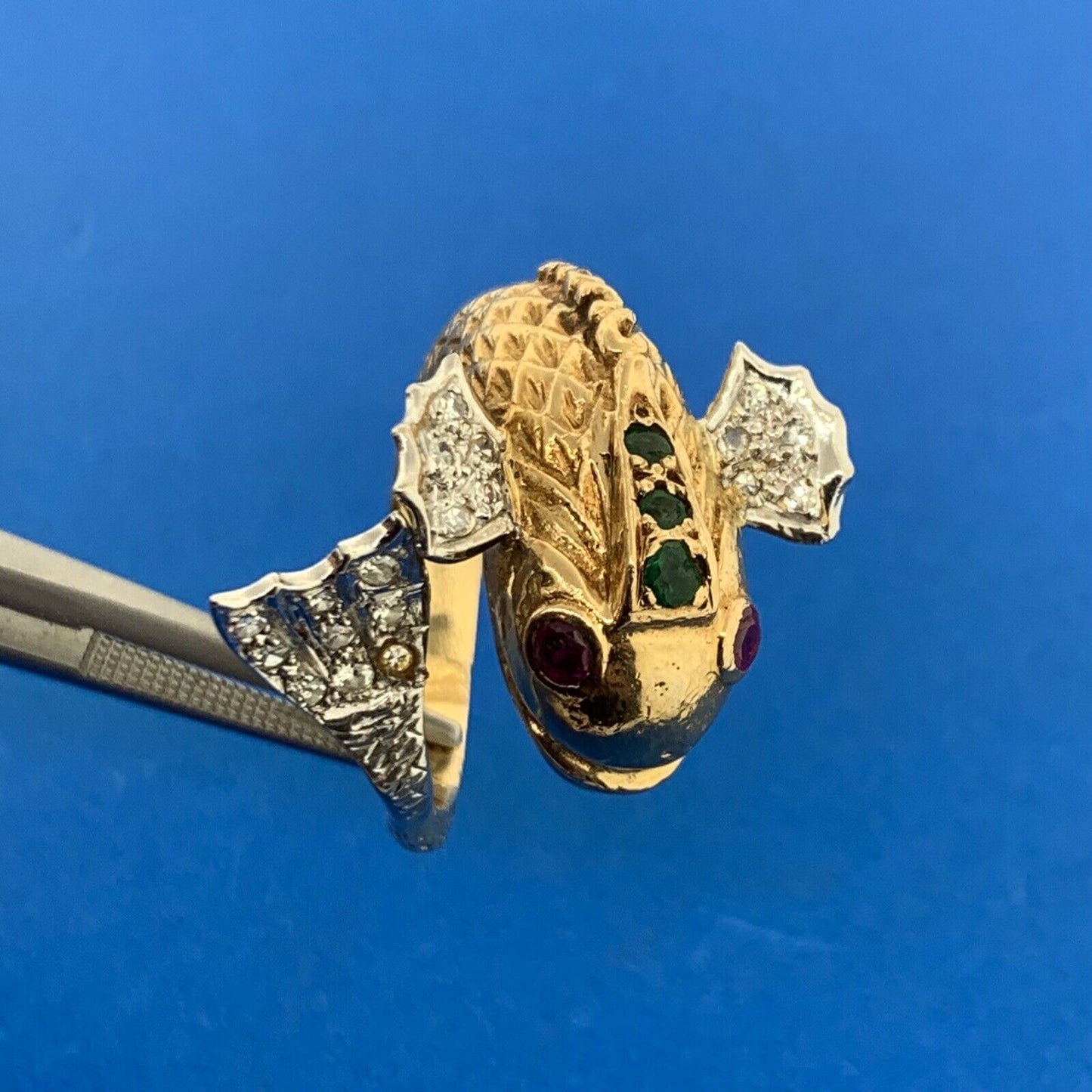 Retro 18K Yellow Wht Gold Diamond Ruby Emerald Textured Koi Fish Statement Ring