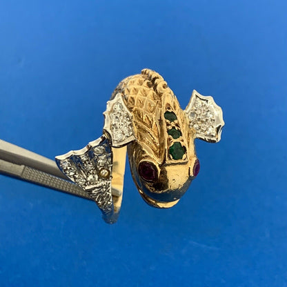 Retro 18K Yellow Wht Gold Diamond Ruby Emerald Textured Koi Fish Statement Ring