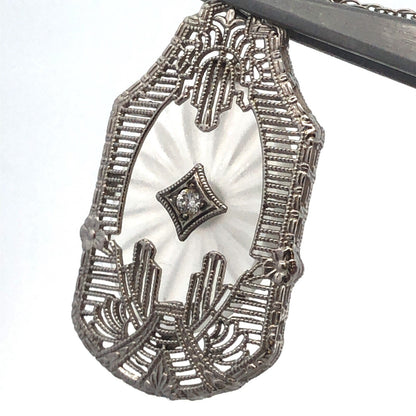 Vintage MSCo 14K White Gold Diamond Carved Art Glass Filigree Pendant Necklace