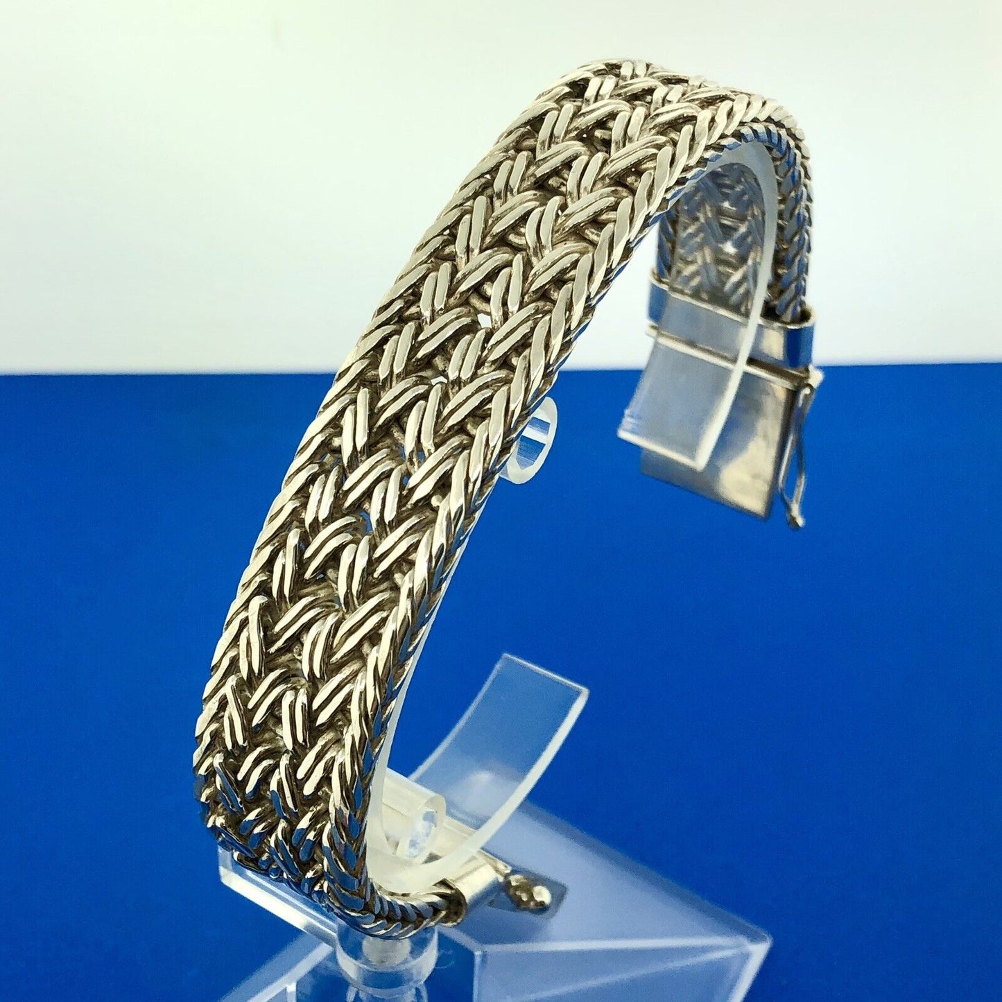 925 Sterling Silver Basket Weave Heavy Statement Buckle Bracelet