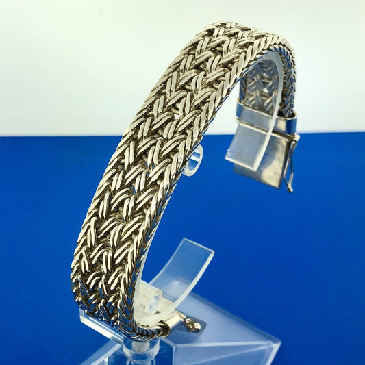 925 Sterling Silver Basket Weave Heavy Statement Buckle Bracelet