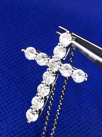 Estate Cubic Zirconia CZ Silver Tone Cross Pendant Necklace