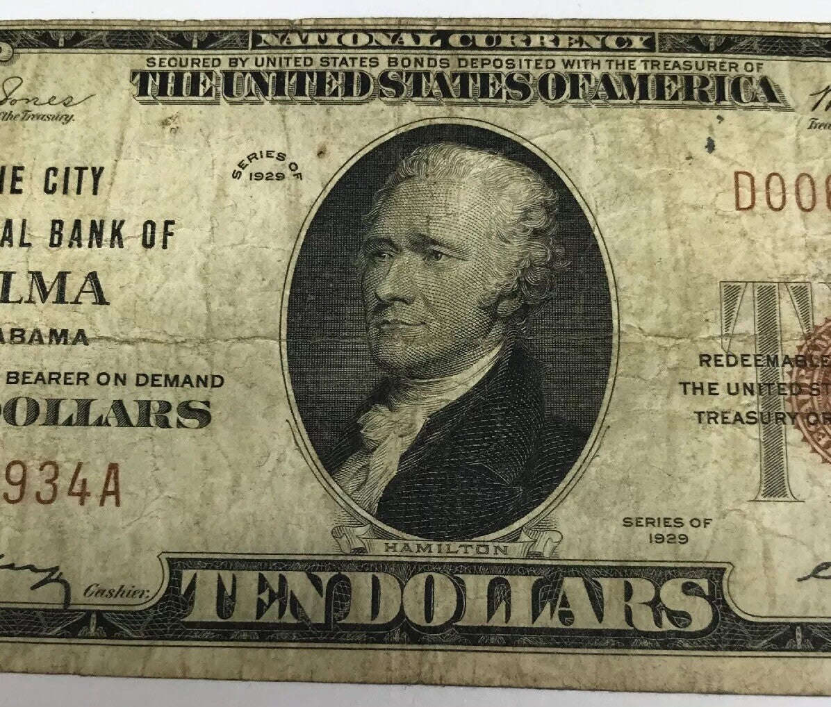 1929 Type 1 $10 The City National Bank of Selma Alabama Charter 1736 Tough Note!