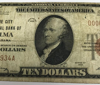 1929 Type 1 $10 The City National Bank of Selma Alabama Charter 1736 Tough Note!