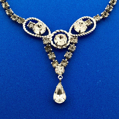 Vintage Silver Tone Rhinestone Choker Necklace Earrings Bridal Evening Set