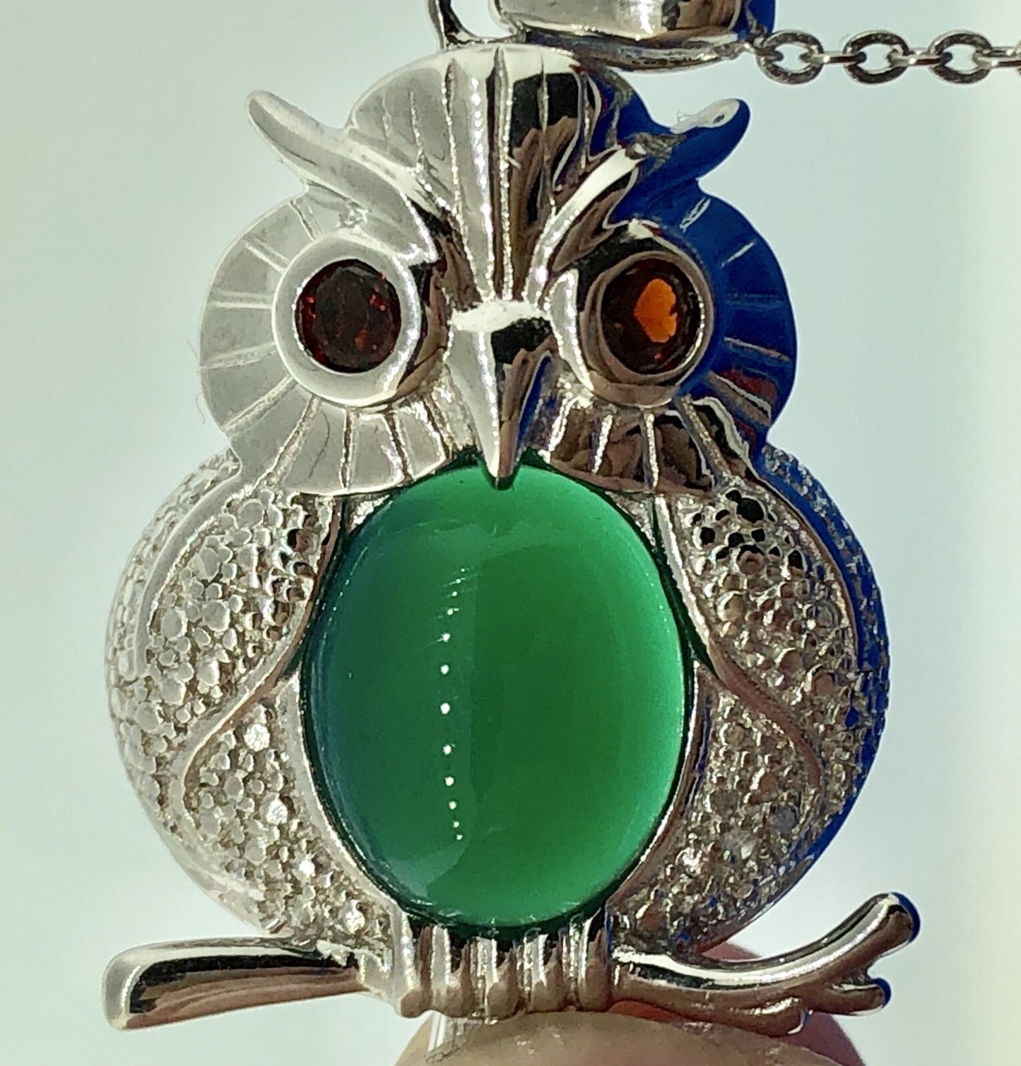 Designer Sterling Silver Green Onyx Garnet Textured Plump Owl Fashion Necklace