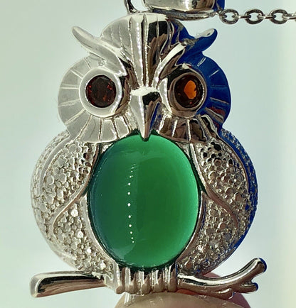 Designer Sterling Silver Green Onyx Garnet Textured Plump Owl Fashion Necklace