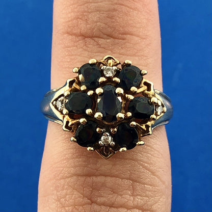 Retro 10K Yellow Sapphire Diamond Floral Cluster September Anniversary Ring