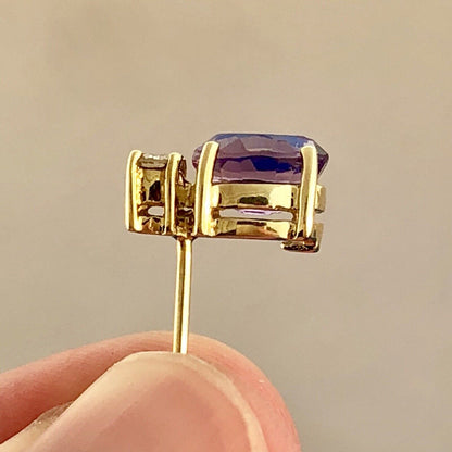 Classic 14K Yellow Gold Oval Amethyst Diamond Stud Earrings