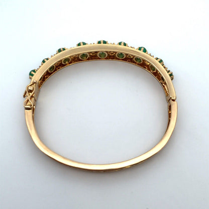 Designer 14k Yellow Gold Cabochon Emerald Diamond Hinged Cuff Bangle Bracelet