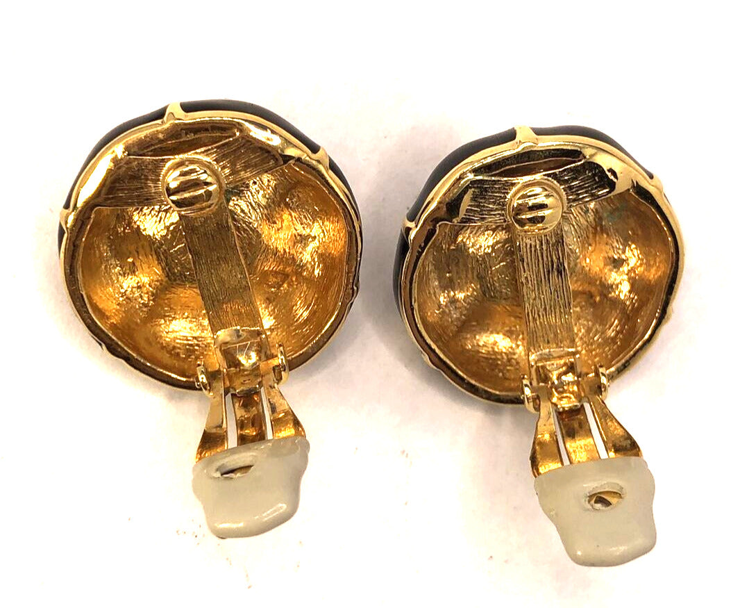 Designer Ciner Gold Tone Black Enamel Faux Pearl Round Statement Clip Earrings