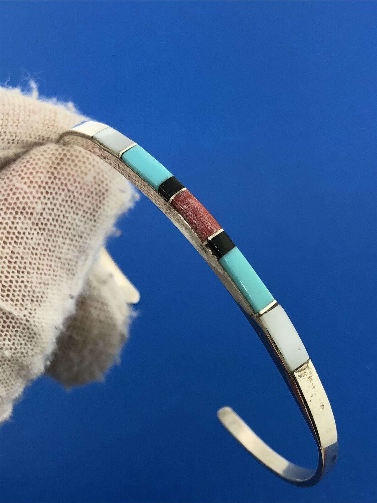 Native American PA 925 Sterling Silver Multi Gem Inlay Petite Cuff Bracelet