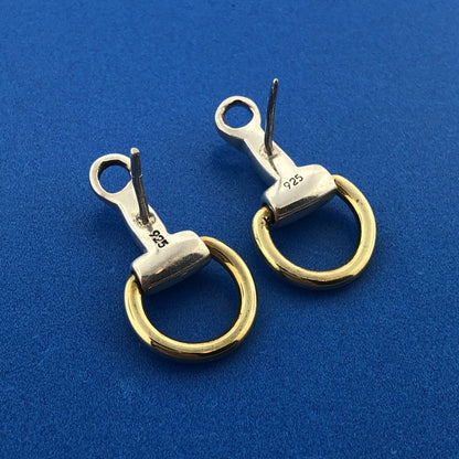 Equestrian 925 Sterling Silver Brass Ring Saddle Stirrups Dangle Stud Earrings