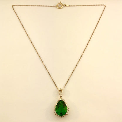 Designer Stauer 10K Yellow Gold Green Pear CZ Halo Statement Pendant Necklace