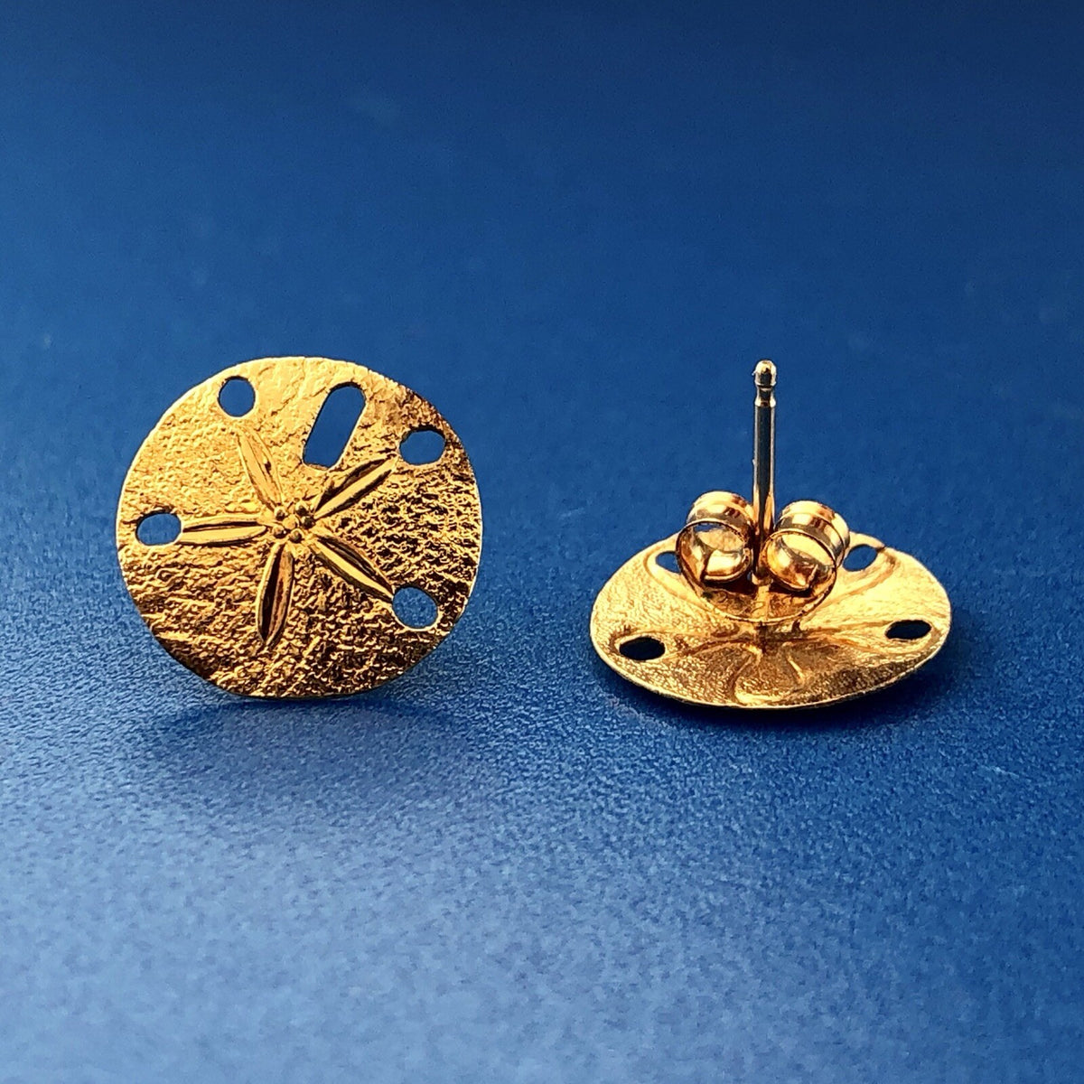 Sterling Silver Vermeil 925 Sand Dollar Sea Ocean Paradise Stud Earrings