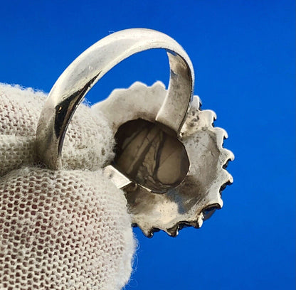 Vintage 925 Sterling Silver Oval Enamel Mosaic Jasper Inlay Statement Ring