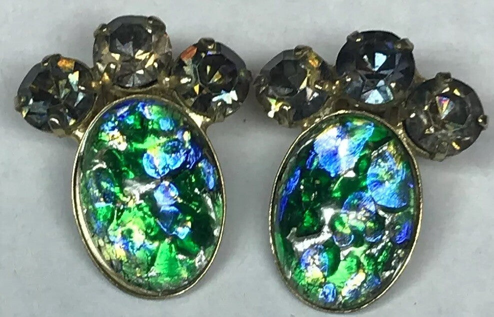 Vintage Gold Tone Opal Glass Rhinestone Crystal Clip On Earrings