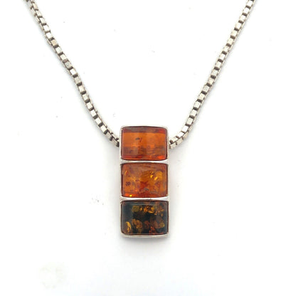 925 Sterling Silver Amber Trio Rectangle Statement Pendant Necklace