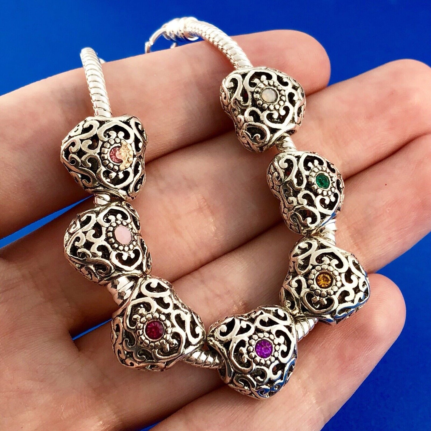 Silver Tone Slide Bracelet W/Seven 7 Heart Scroll CZ Interchangeable Charms
