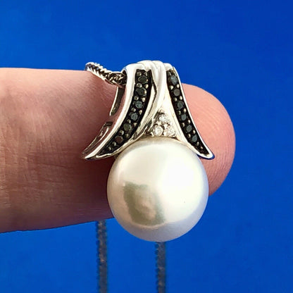 Elegant 14K White Gold Pearl Diamond Black Diamond Bridal Pendant Necklace