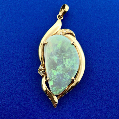 Large Australian Black Opal Pendant Solid 14k Yellow Gold with Diamond Accents