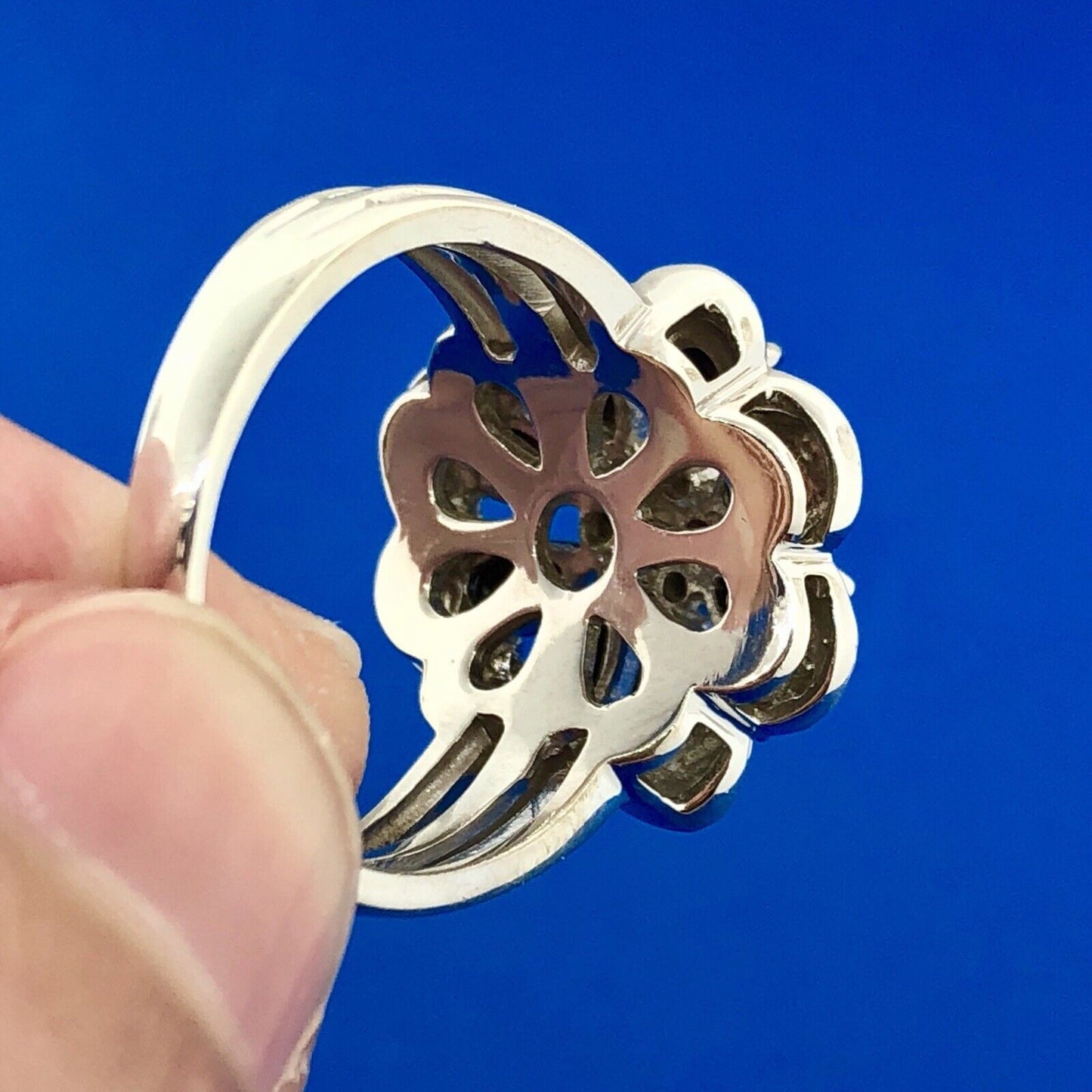 Designer AJ Sterling Silver Sapphire Diamond Floral Cluster September Anniv Ring