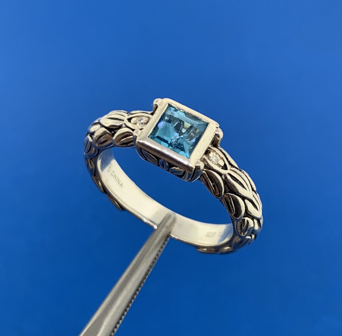 Designer SG Sterling Silver 925 Blue Topaz CZ Stackable Band Ring