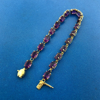 Designer 14K Yellow Gold Oval Amethyst February Statement Tennis Bracelet